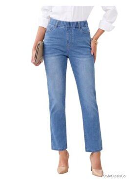 Straight Leg Pull On High Waisted Cropped Stretchy Denim Ankle Jeans